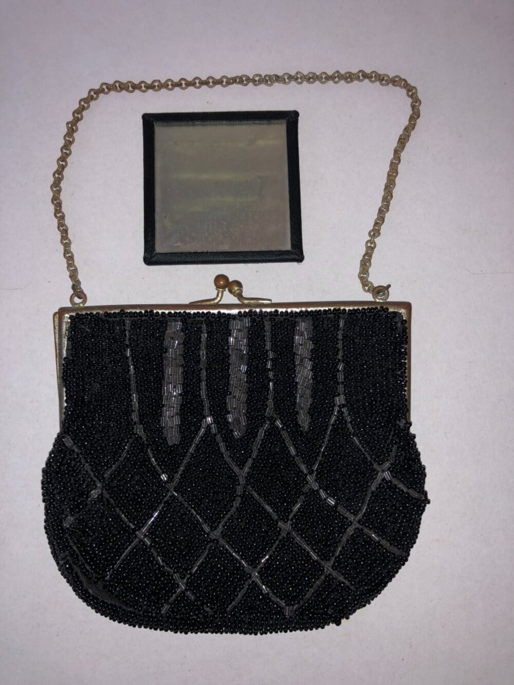 Vintage Black Beaded Evening Clutch Purse Bag with Mirror